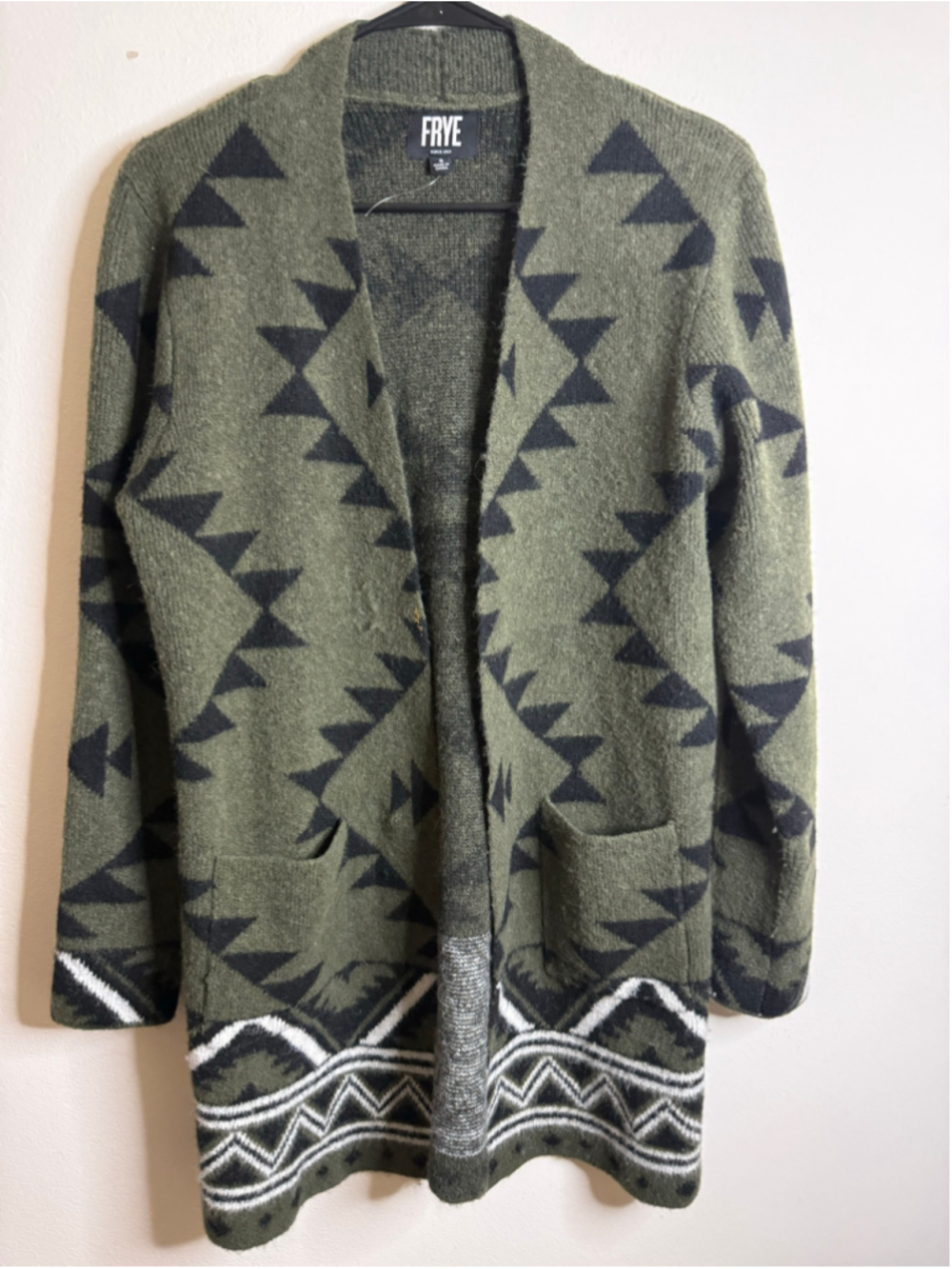 Women's Frye Olive & Black “Cozy Cardigan” Geometric Pattern Sweater Size S - Picture 2 of 6
